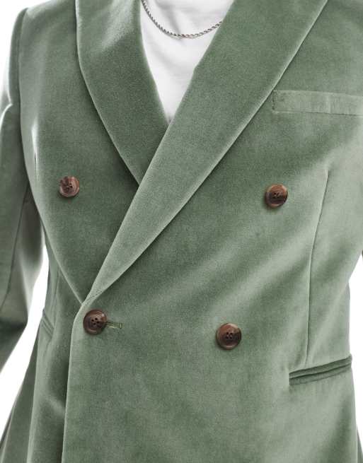 ASOS DESIGN slim double breasted suit jacket in sage green cotton velvet
