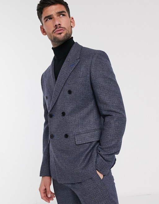 ASOS DESIGN slim double breasted suit jacket in wool mix in blue tweed