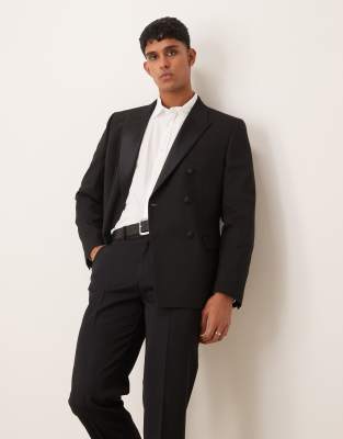 Asos Design Slim Double Breasted Tuxedo Blazer In Black