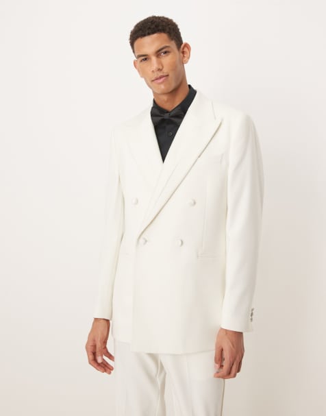 ASOS DESIGN slim double breasted tuxedo jacket with satin detail in ivory - view 1