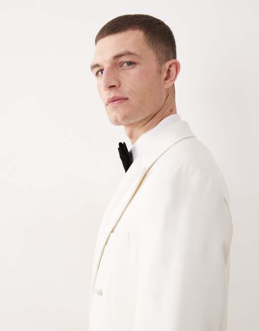 ASOS DESIGN slim double breasted tuxedo jacket with satin detail in ivory, 3 of 5