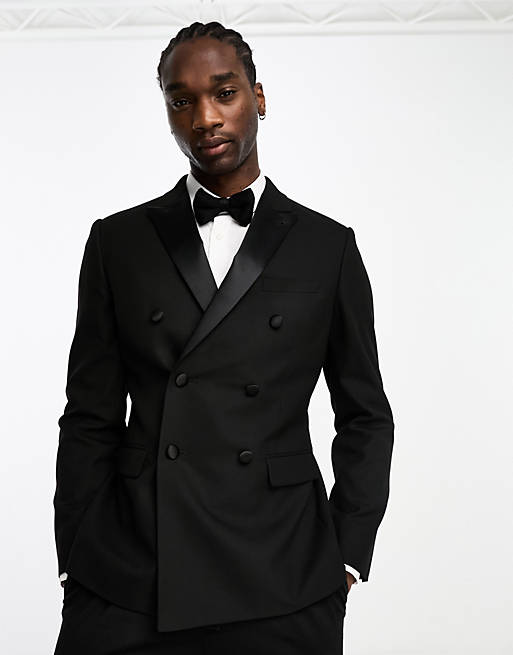 ASOS DESIGN slim double breasted tuxedo suit jacket in black | ASOS