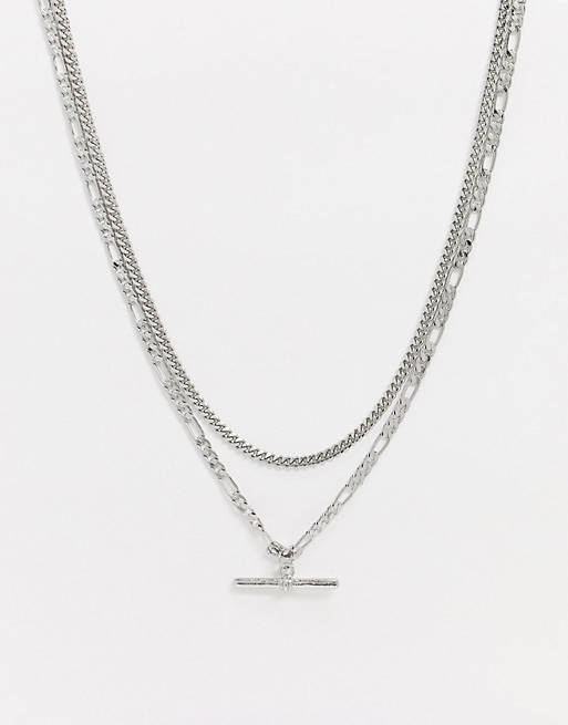 ASOS DESIGN slim double layer 4mm neckchain with figaro chain and t-bar ...