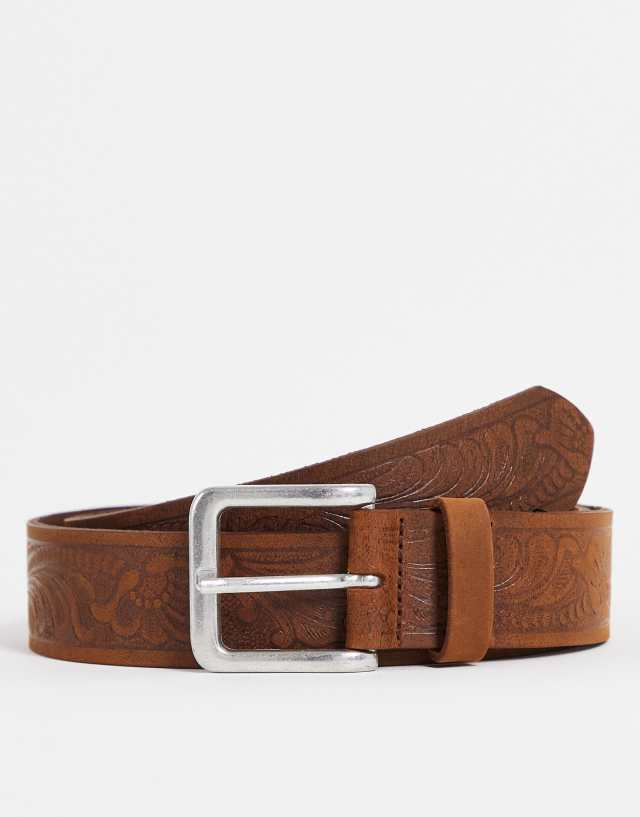 ASOS DESIGN slim embossed leather belt in brown