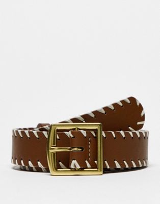 ASOS DESIGN slim faux leather belt in brown with edged stitched detail