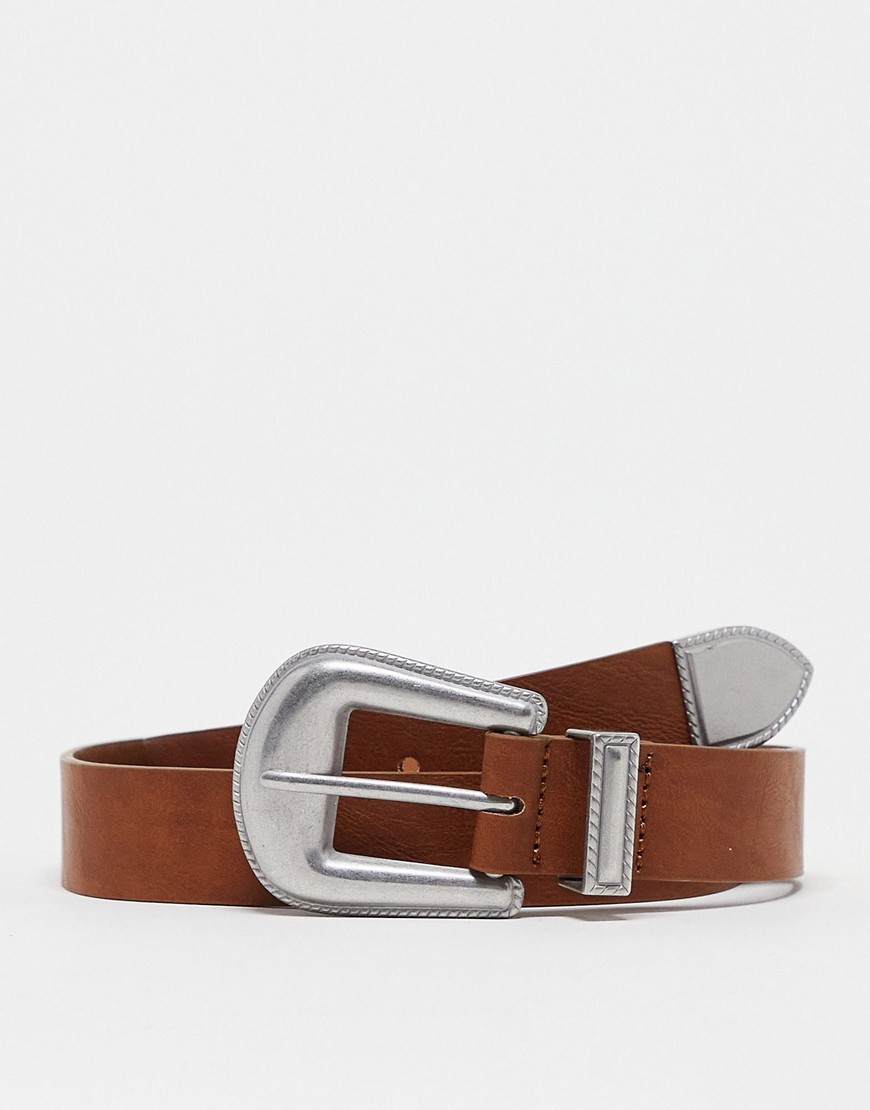 ASOS DESIGN slim faux leather belt in tan with western details-Brown