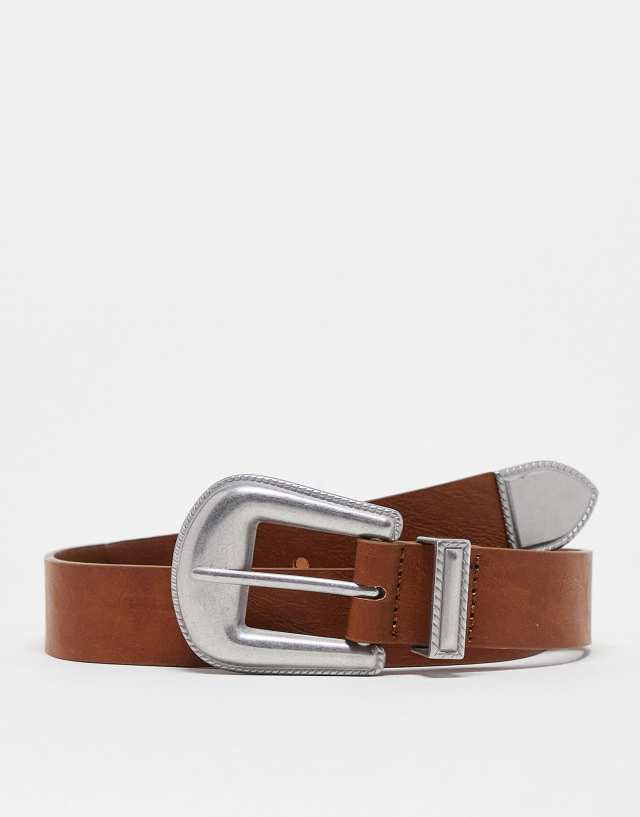 ASOS DESIGN slim faux leather belt in tan with western details