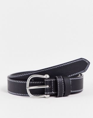 ASOS DESIGN slim faux leather belt with contrast stitch in black