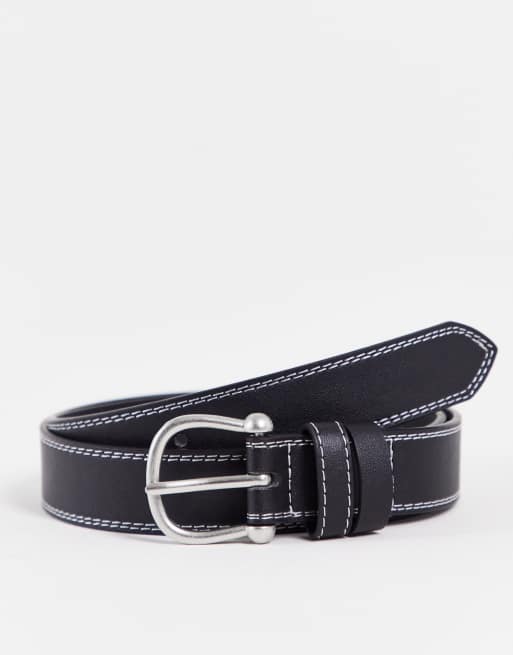 Custom Leather Belt with Contrast Stitching Black / 30 / Brushed Silver