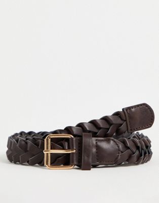ASOS DESIGN slim faux leather braided belt in brown