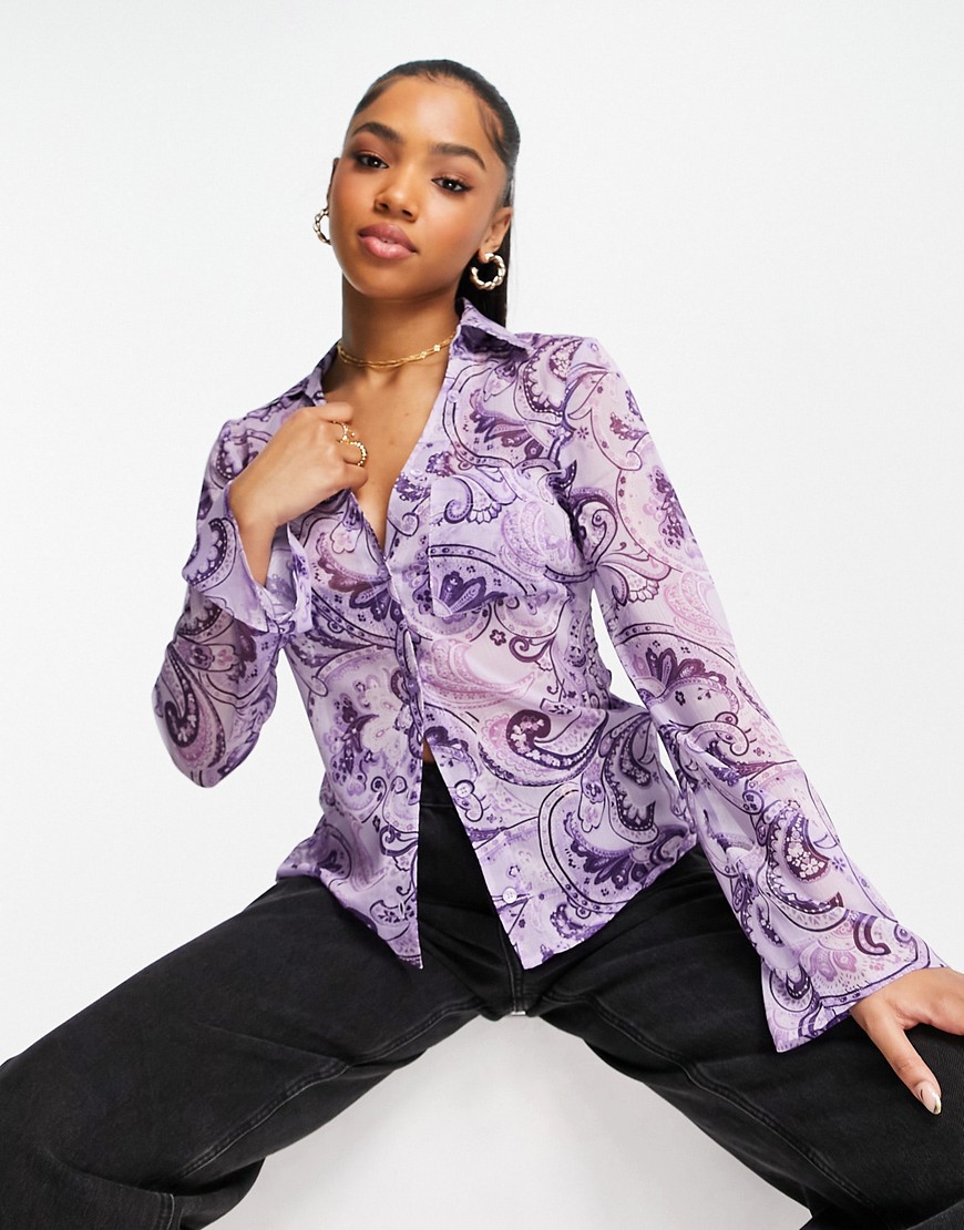 ASOS DESIGN slim fit 90s shirt in paisley print with flare sleeve-Multi