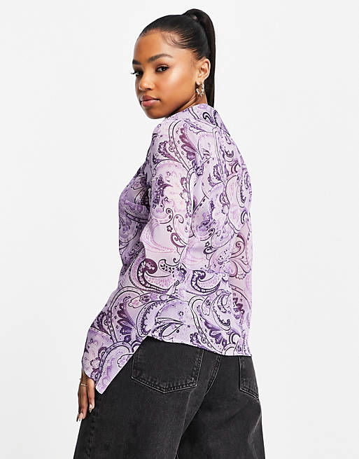 ASOS DESIGN slim fit 90s shirt in paisley print with flare sleeve
