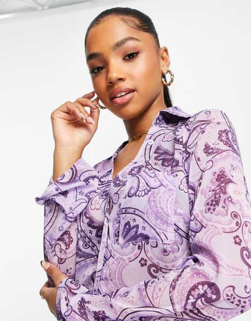 ASOS DESIGN slim fit 90s shirt in paisley print with flare sleeve , 3 of 4
