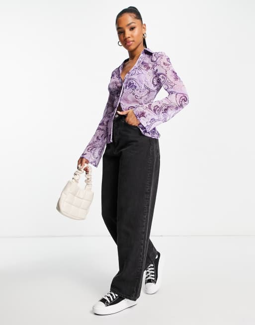 ASOS DESIGN slim fit 90s shirt in paisley print with flare sleeve , 4 of 4
