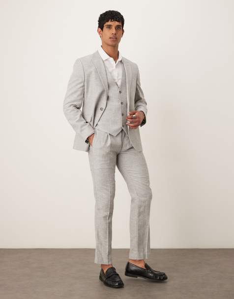 ASOS DESIGN – Slim-Fit-Anzug aus Leinen-Baumwollmix in Grau mit Fischgrätmuster - view 1