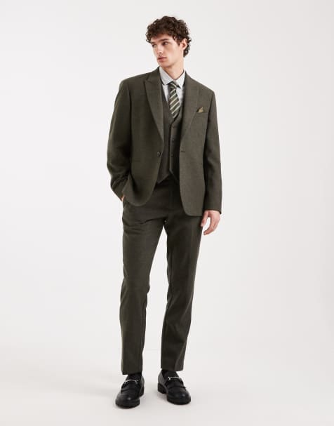 ASOS DESIGN – Slim-Fit-Anzug aus Wollmix mit Fischgrätmuster in Khaki - view 1
