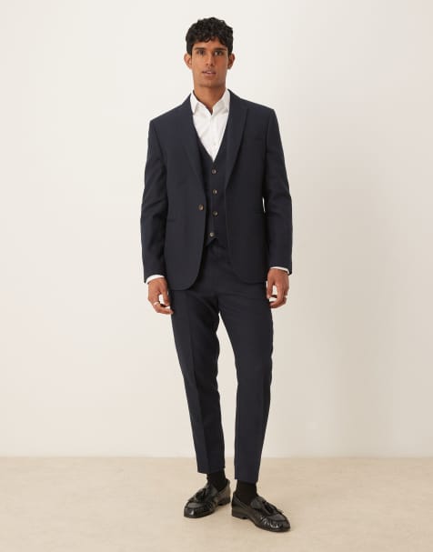 ASOS DESIGN – Slim-Fit-Anzug in marineblauer Wolloptik mit Fischgrätmuster - view 1