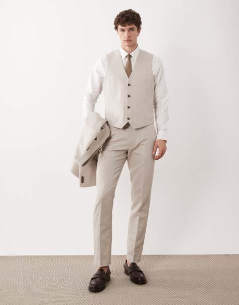 ASOS DESIGN – Slim-Fit-Anzug in Steinbeige aus Twill mit hohem Leinenanteil - view 1