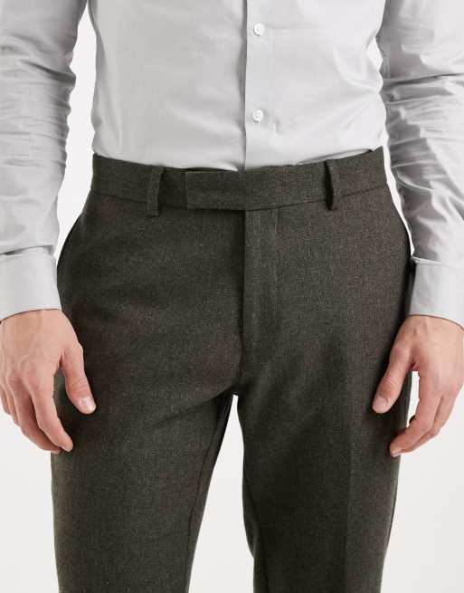 ASOS DESIGN – Slim-Fit-Anzughose aus Wollmix mit Fischgrätmuster in Khaki, 5 von 5