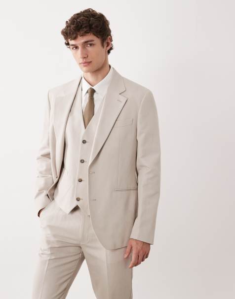 ASOS DESIGN – Slim-Fit-Anzugjacke aus Twill mit hohem Leinenanteil in Steinbeige - view 1