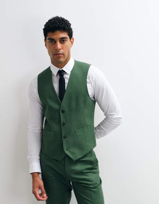 ASOS DESIGN – Schmal geschnittener Twill-Anzug in Dunkelgrün mit hohem Leinenanteil, 4 von 4