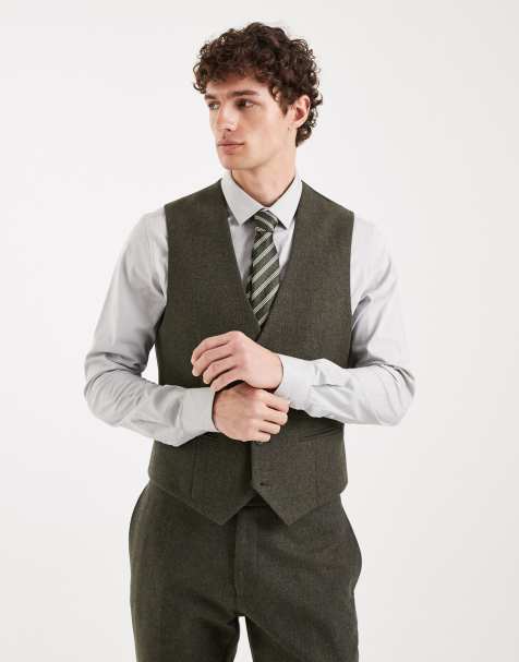 ASOS DESIGN – Slim-Fit-Anzugweste aus Wollmix in Khaki mit Fischgrätmuster - view 1