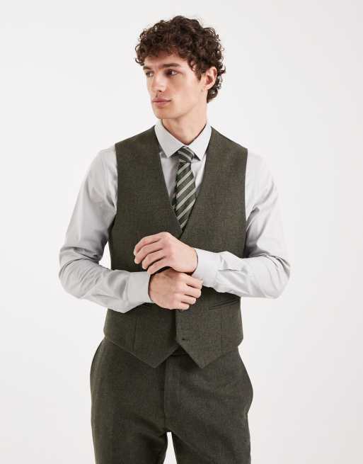 ASOS DESIGN – Slim-Fit-Anzug aus Wollmix mit Fischgrätmuster in Khaki, 3 von 4