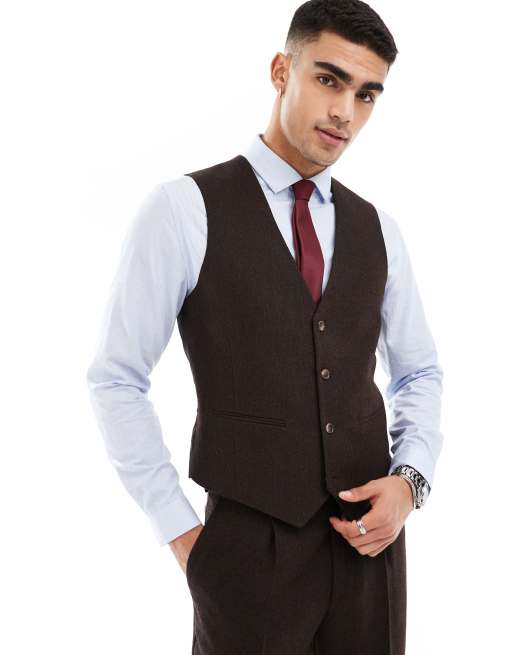 ASOS DESIGN – Slim Fit Anzugweste in Braun aus Wollmix-Twill