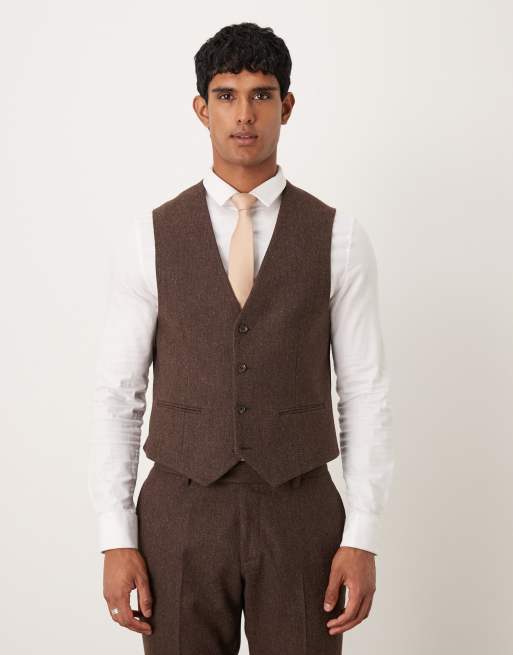 ASOS DESIGN – Schmal geschnittener Anzug in Braun mit Fischgrätmuster und Wollanteil, 3 von 4