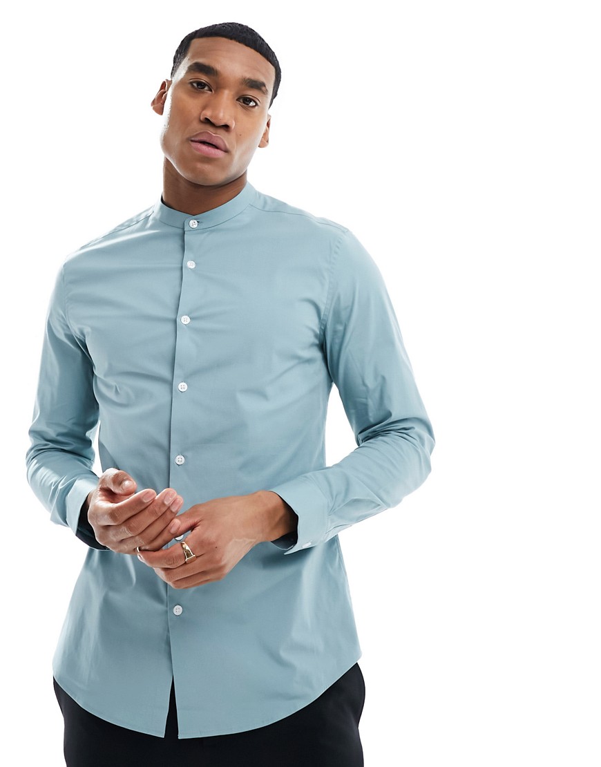 Asos Design Slim Fit Band Collar Shirt In Duckegg Blue