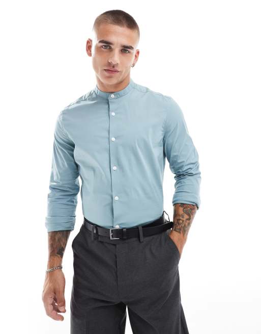 ASOS DESIGN slim fit band collar shirt in duckegg blue