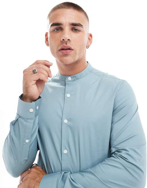 ASOS DESIGN slim fit band collar shirt in duckegg blue