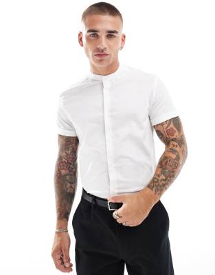 Shop Asos Design Slim Fit Band Collar Shirt In White