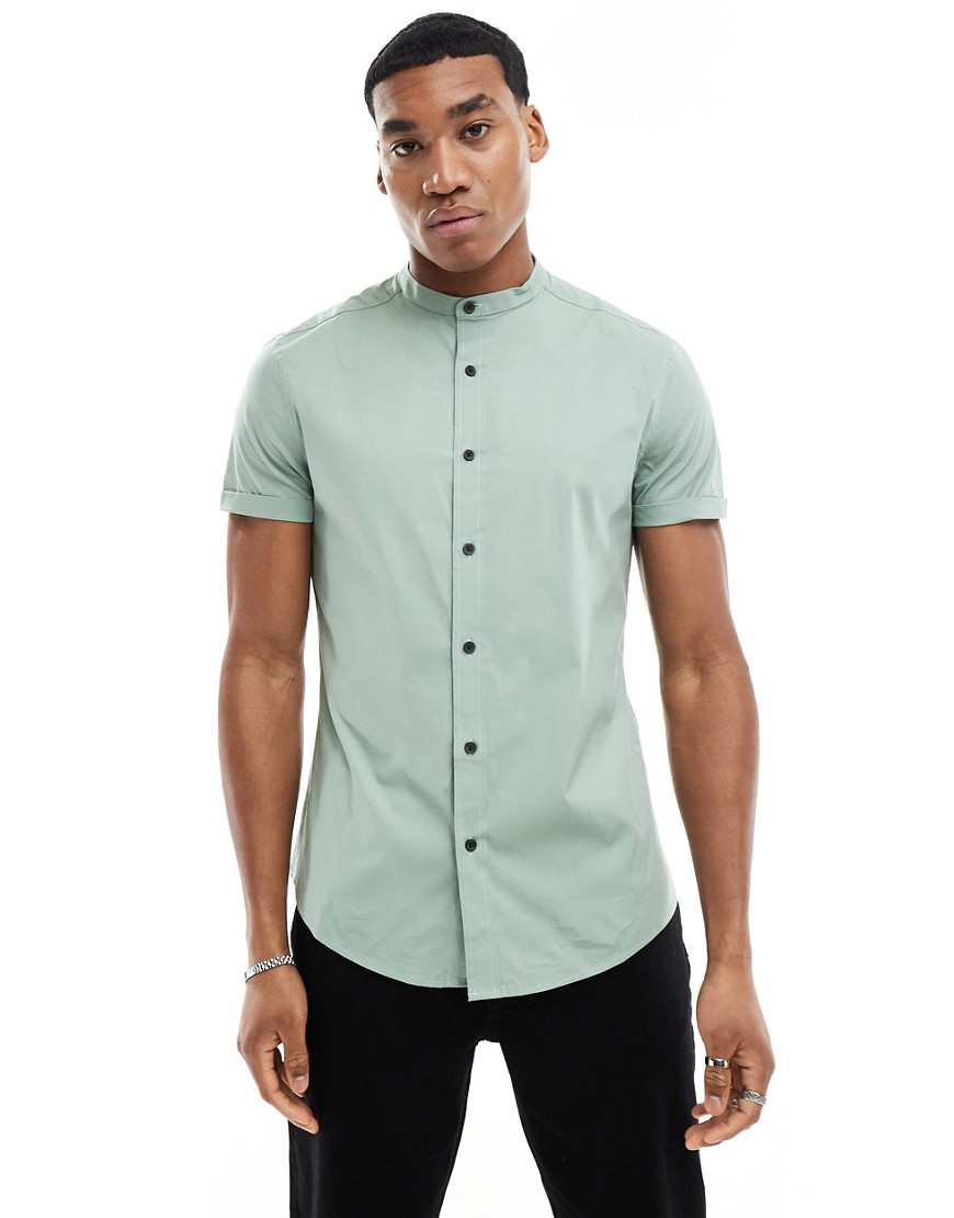 Asos Design Slim Fit Band Collar Shirt With Roll Sleeves In Sage Green
