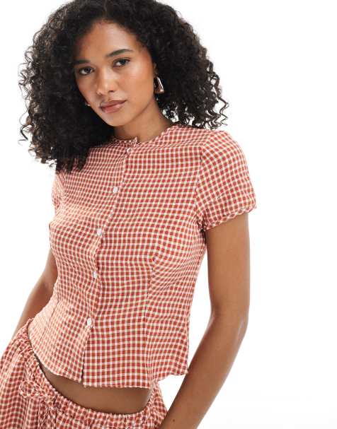 ASOS DESIGN - Slim-fit blouse met kapmouwtjes en gingham ruit in rood, deel van co-ord set - view 1