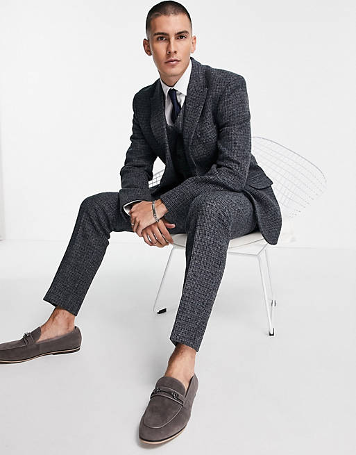 ASOS DESIGN - Slim fit broek van Harris Tweed van 100% wol met blauwe micro-ruiten
