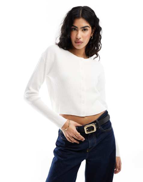 ASOS DESIGN slim fit cardigan with crew neck in cream - view 1