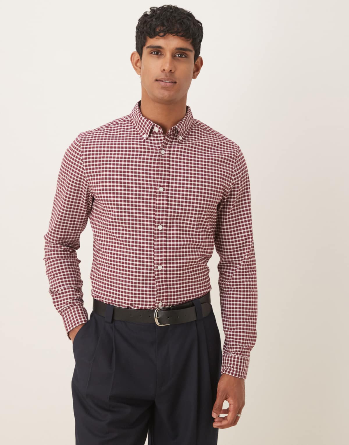 ASOS DESIGN slim fit check shirt in burgundy