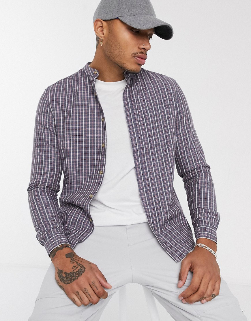 ASOS DESIGN slim fit check shirt with grandad collar in dusty blue