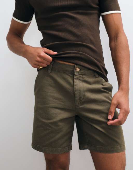 ASOS DESIGN slim fit chino shorts in mid length in khaki, 3 of 5