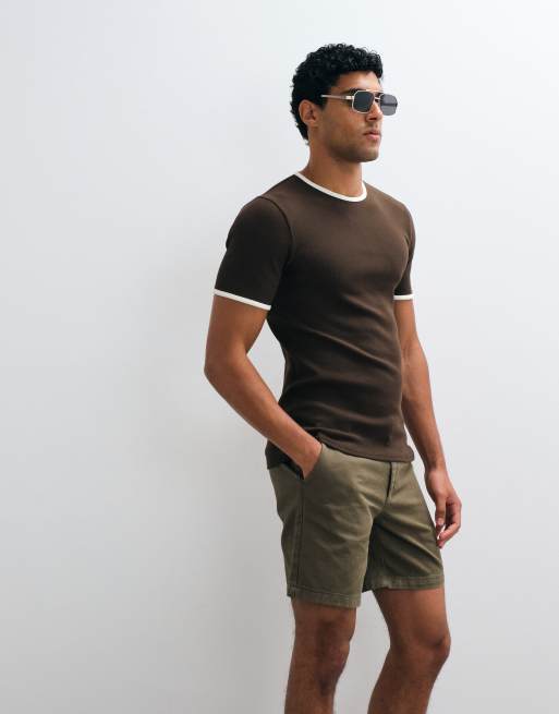 ASOS DESIGN slim fit chino shorts in mid length in khaki, 5 of 5