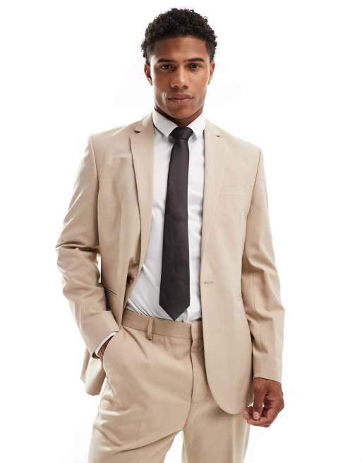 ASOS DESIGN - Slim-fit colbert met Prince of Wales-ruit in dezelfde tint naturel