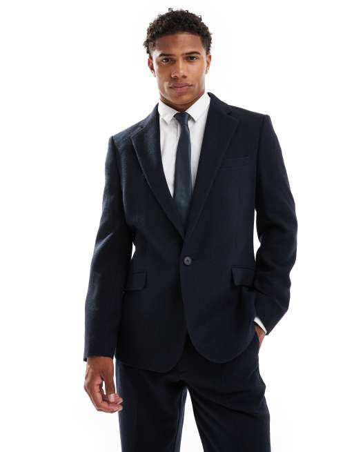 ASOS DESIGN - Slim-fit colbert van wolmix keperstof in marineblauw