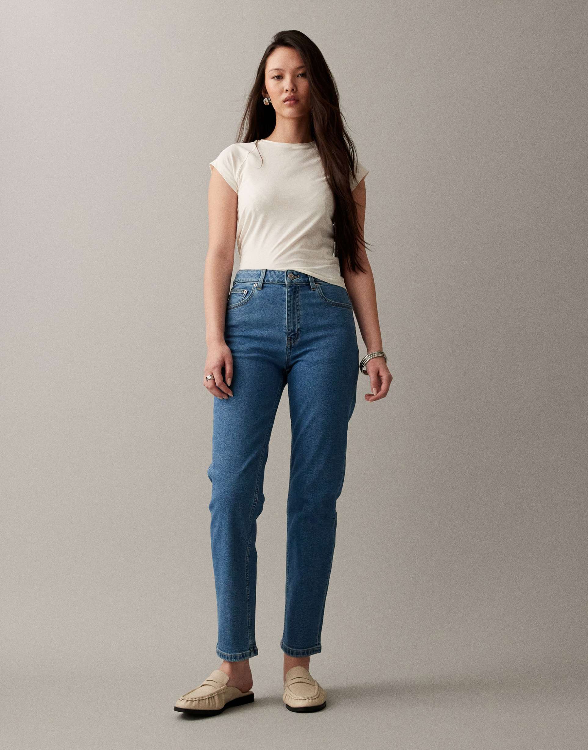 asos design slim fit comfort mom jeans in clean blue