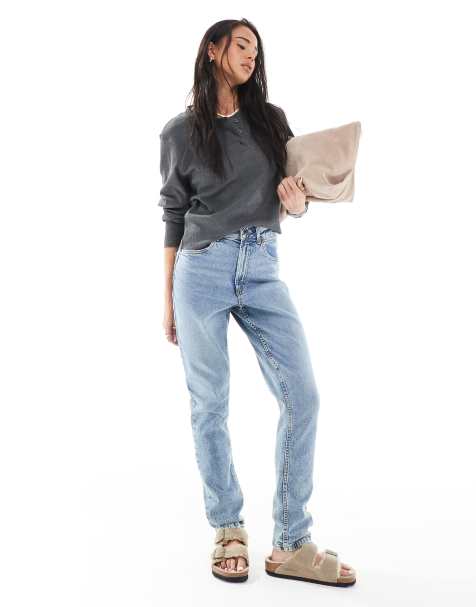 ASOS DESIGN slim fit comfort mom jeans in mid blue - view 1