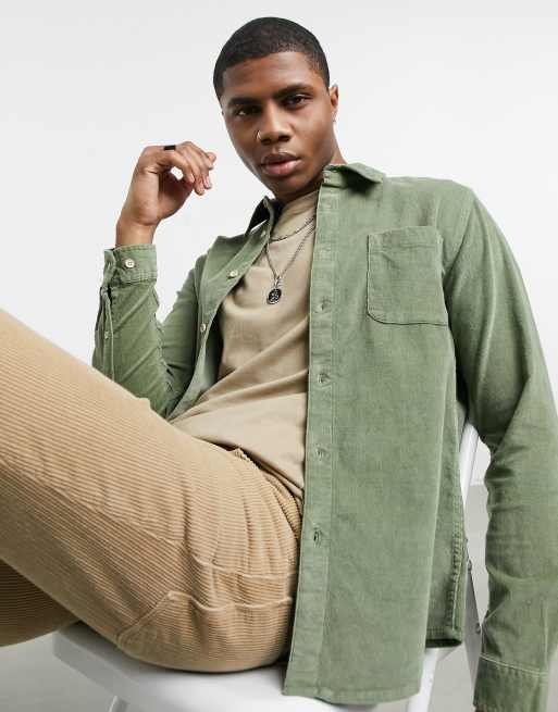 ASOS DESIGN slim fit cord shirt in khaki