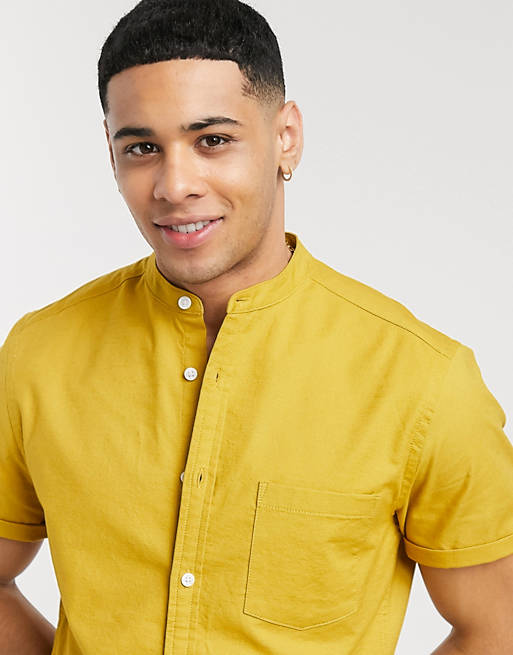  slim fit cotton oxford shirt in mustard with grandad collar 
