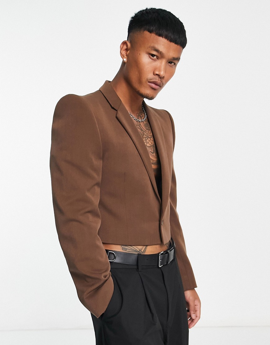ASOS DESIGN slim fit cropped pagoda shoulder blazer in brown