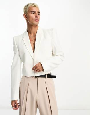 ASOS DESIGN slim fit cropped pagoda shoulder blazer in white