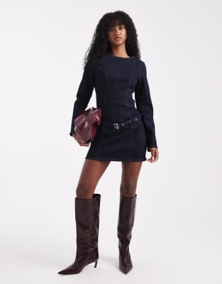 ASOS DESIGN slim fit denim mini dress with skinny belt in indigo-Blue